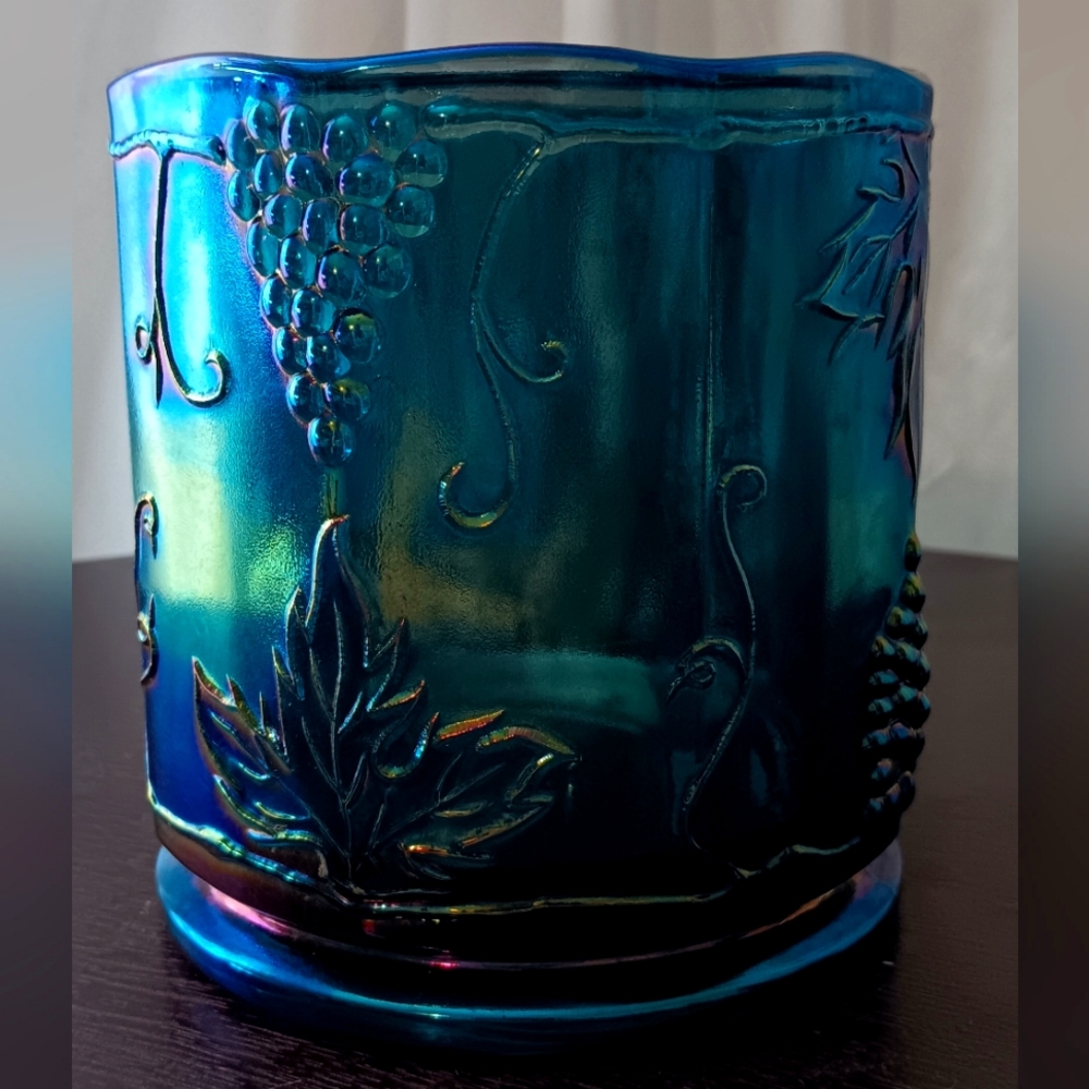 Indiana Glass Blue Carnival Iridescent Harvest Grape Canister Jar 5" Tall No Lid